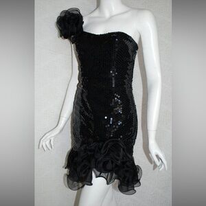 Flirtations Dress Black Sequin One Shoulder Cocktail Ruffle Trim Size 2/4 Prom